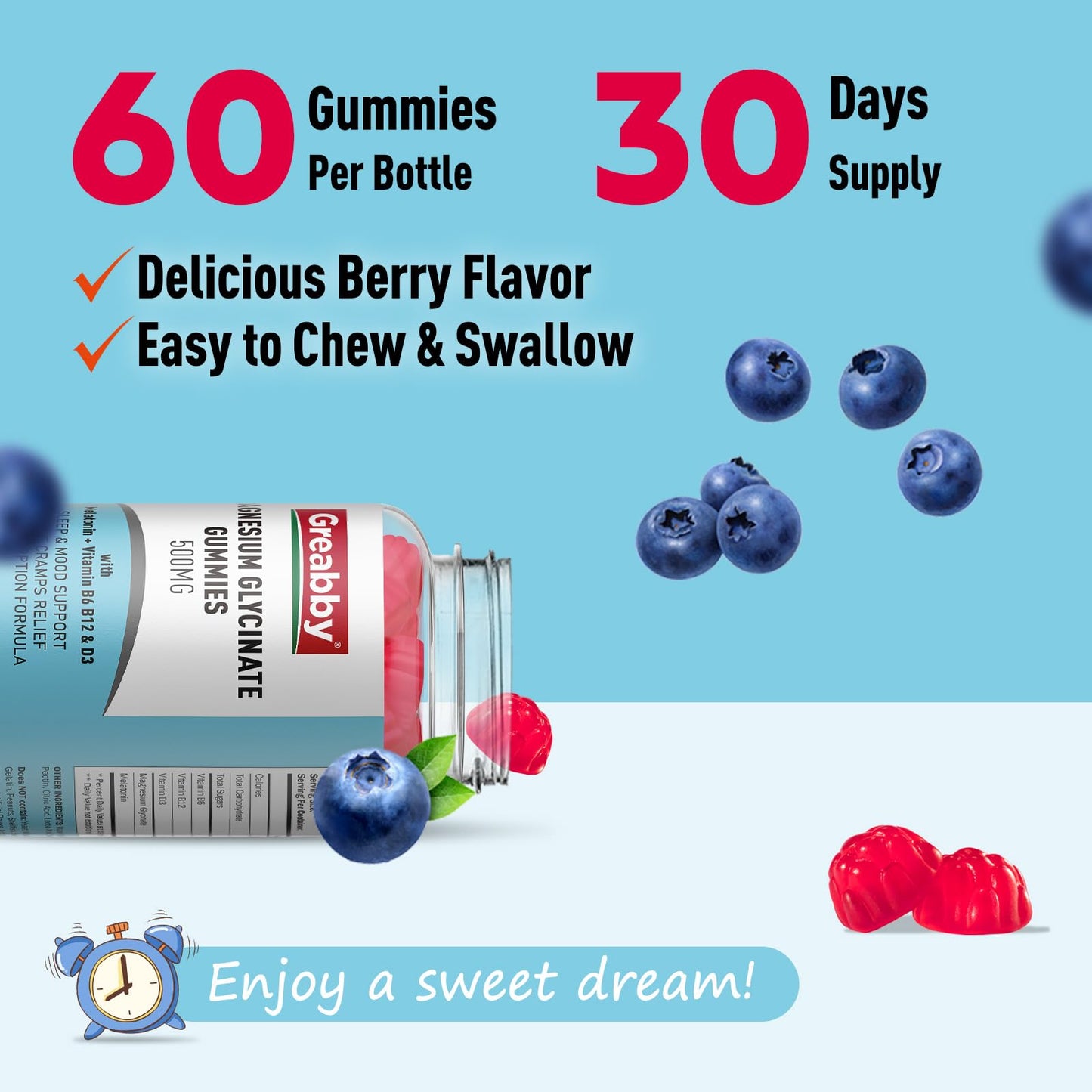 Greabby Magnesium Glycinate Gummies 500mg for Adults Sleep Support, Chewable Magnesium Gummies for Women & Men, Muscle Relief & Magnesium Supply (60 Count) GREABBYBuy Supplements Australia