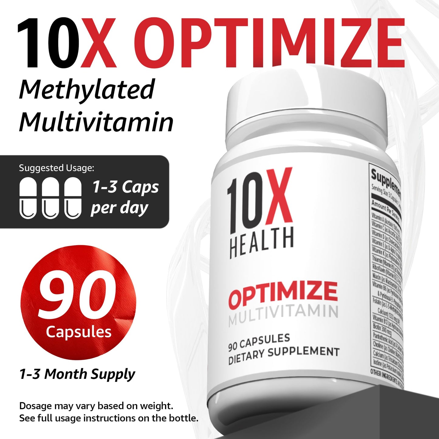10X Health Optimize Methylated Multivitamin for Men - 90 Capsules, 34 in 1 Formula with 800 mcg of Vitamin B12, 5-MTHF, NAC
