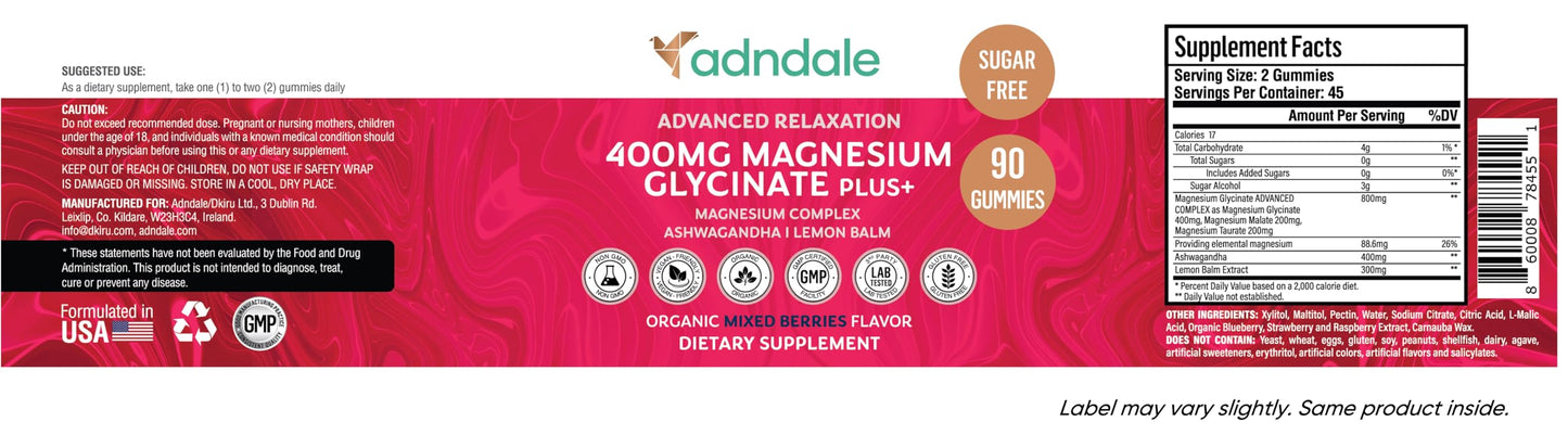 Adndale 180 CT Magnesium Glycinate Gummies 400 mg/Serv with Ashwagandha, Magnesium Malate & Taurate