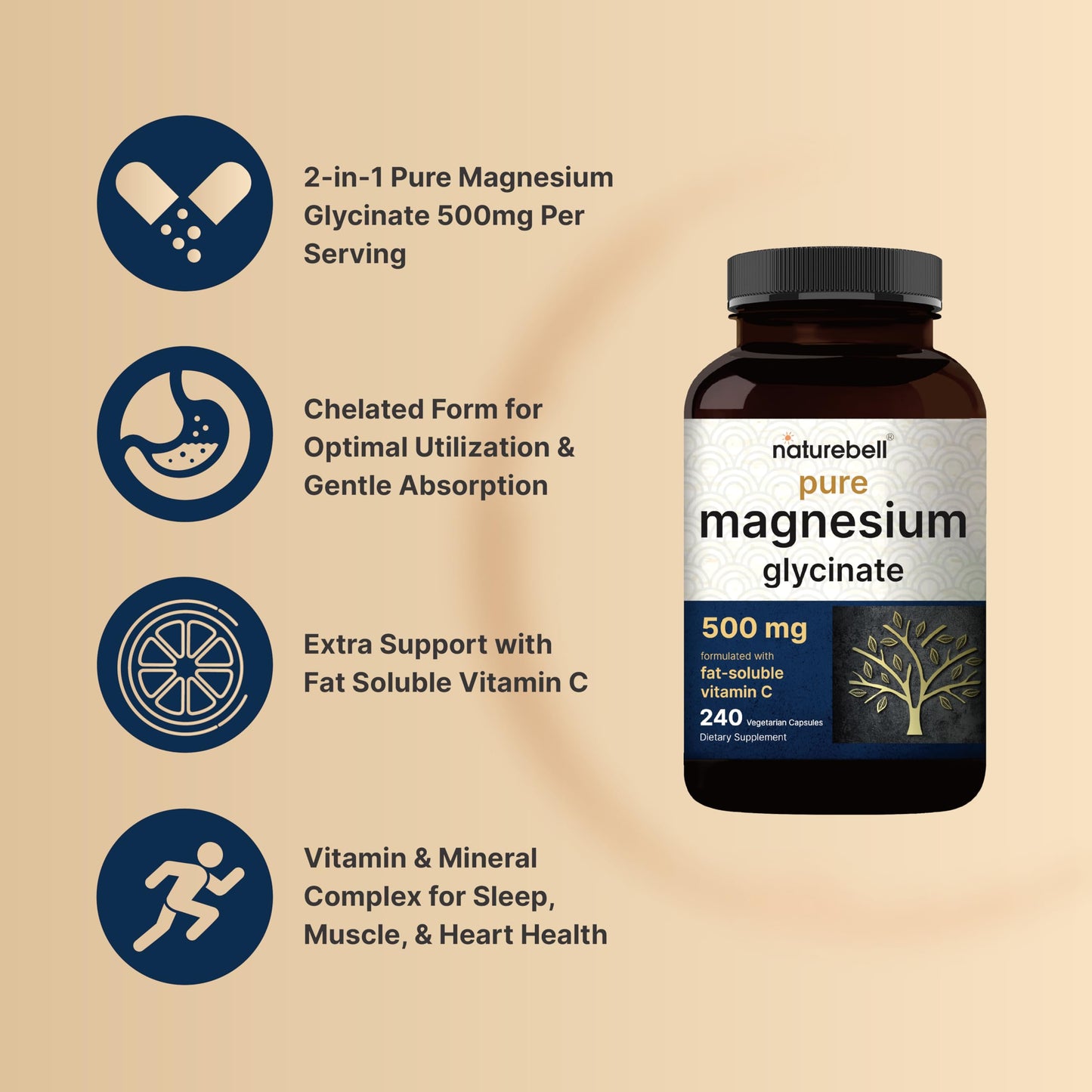 Naturebell Pure Magnesium Glycinate 500mg, 240 Veggie Capsules | 100% Chelated & Purified – 3rd Party Tested, Vegan Friendly, Non-GMO, Filler Free