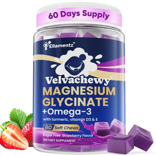 Magnesium Glycinate Gummies 500mg - Magnesium with Omega-3, Turmeric, Vitamin D3 & E | Magnesium Glycinate Soft Chews for Adults | for Sleep, Muscle & Brain | 60 Counts ELLAMENTZBuy Supplements Australia