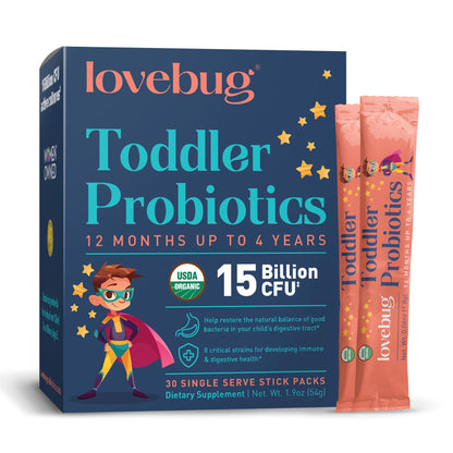 LOVEBUG Kids Probiotic Powder with Prebiotic Fiber - Toddler Immunity Support & Constipation Relief - USDA Organic Probiotics for Childrens Gut & Digestive Health