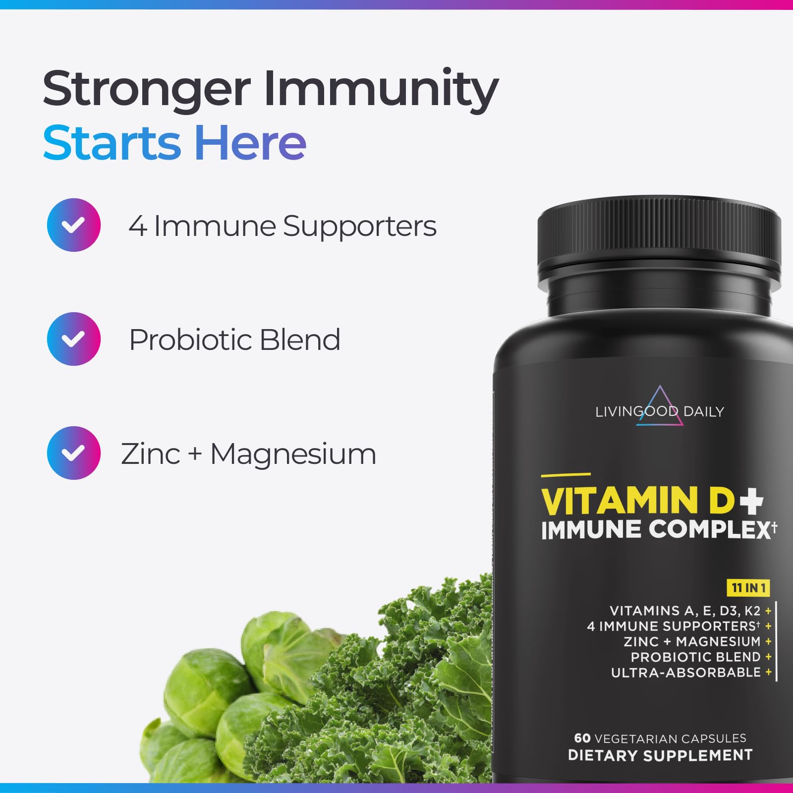 Livingood Daily Vitamin D3 K2 4000 IU Supplement, 9-in-1 Dietary Supplement for Immune Support - Made with Vitamins D, A, E, K2, Zinc, Magnesium & Probiotic Blend for Maximum Absorption - 60 Capsules Livingood Daily buy supplements Au