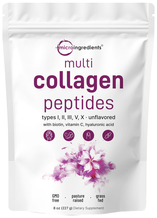 Micro Ingredients Multi Collagen Peptides Powder, 8oz – Hydrolyzed Type I,II,III,V,X with Biotin, Hyaluronic Acid, Vitamin C – Unflavored Collagen for Women & Men, Easy Dissolve, 20 Servings