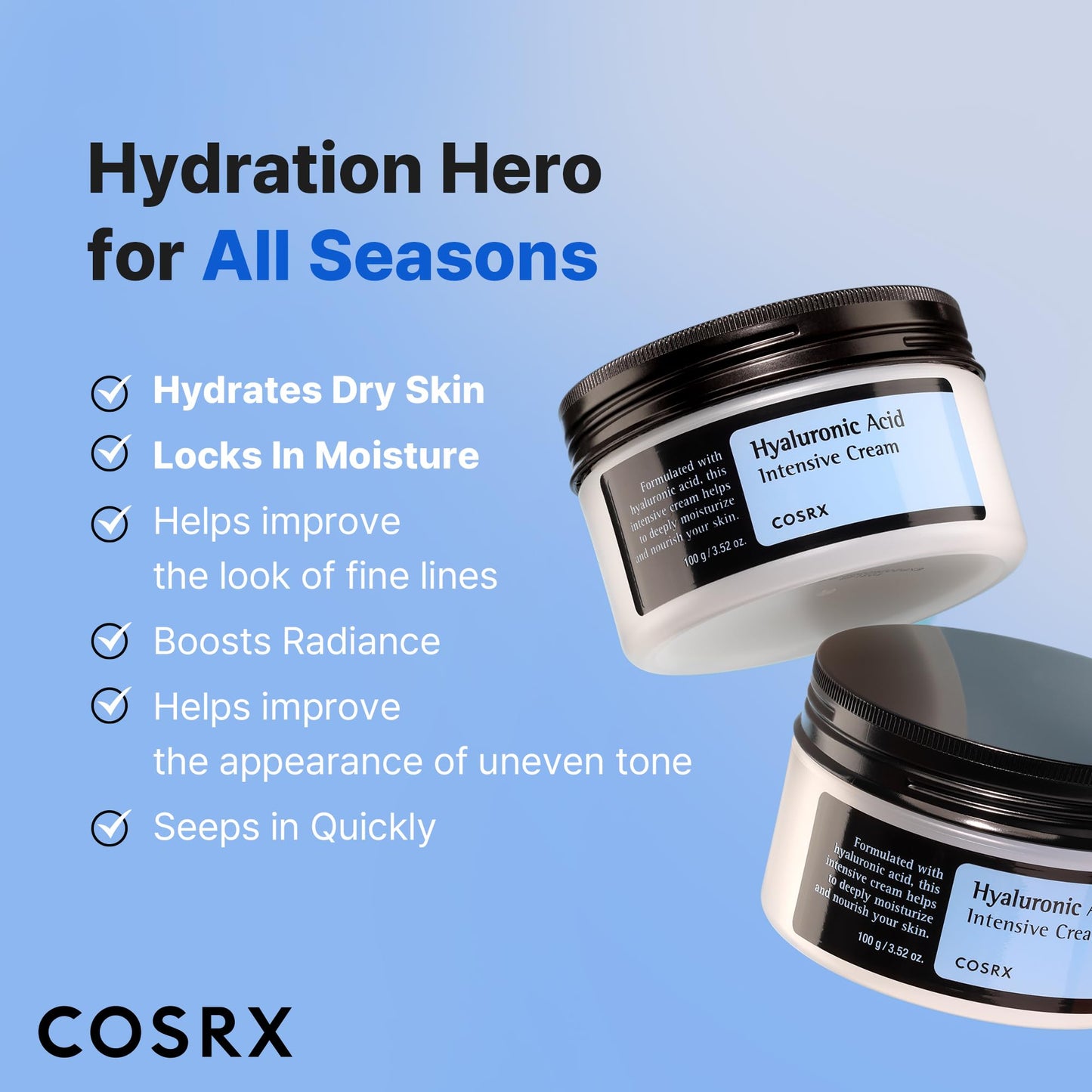 COSRX Hyaluronic Acid Moisturizing Cream, Long-lasting Hydration, Rich Moisturizer for Sensitive Skin 3.52 oz / 100g