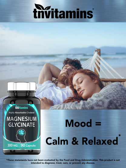 tnvitamins Magnesium Glycinate 300mg, 90 Capsules | High Absorption Chelated Magnesium for Sleep, Calm & Muscle Support* | Non-GMO, Gentle, Non-Laxative | TNVitamins tnvitaminsBuy Supplements Australia