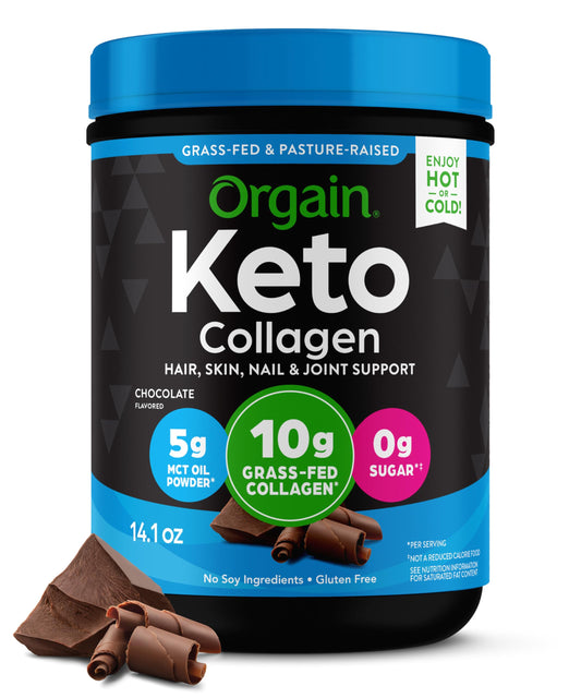Orgain Keto Collagen Protein Powder, Chocolate - 10g Grass Fed Hydrolyzed Collagen Peptides for Women & Men, Type I & III, 5g MCT Oil - Hair, Skin, Nai