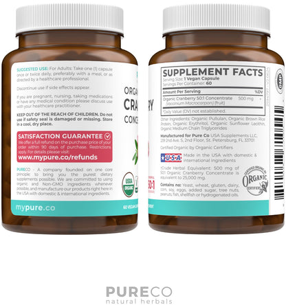 Organic Cranberry Pills - Vegan Supplement for Urinary Tract Health & Kidney Cleanse - Cranberry Pills for Women 500mg 50:1 Cranberry Concentrate Per Serving