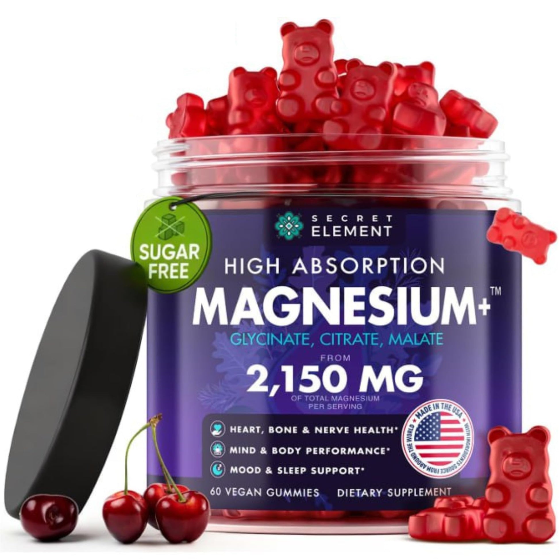 Magnesium Gummies 3in1 - Glycinate, Citrat, Malate 2150 MG High Absorption Supplement, Sugar-Free, Vegan, Chews for Men & Women, Inspired by Wellness Traditions Like Arjuna, 60 Gummies, Cherry Flavor Secret ElementBuy Supplements Australia