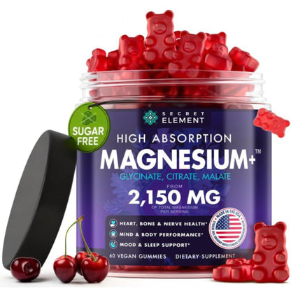 Magnesium Gummies 3in1 - Glycinate, Citrat, Malate 2150 MG High Absorption Supplement, Sugar-Free, Vegan, Chews for Men & Women, Inspired by Wellness Traditions Like Arjuna, 60 Gummies, Cherry Flavor Secret ElementBuy Supplements Australia