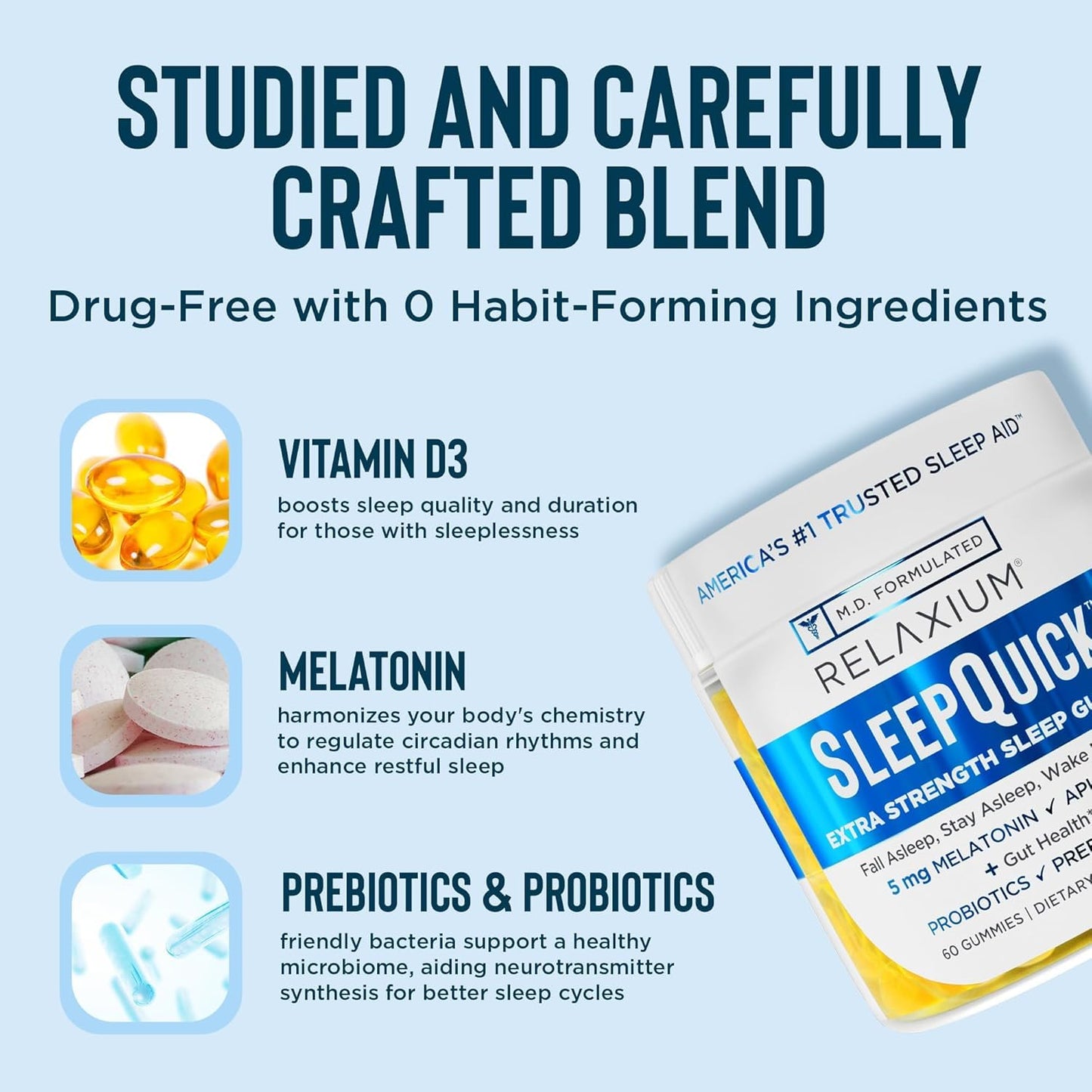 Relaxium SleepQuick Gummies - Sleep Aid + Gut Health & Immune Support, 5 mg Melatonin, Vitamin D-3 + Prebiotic & Probiotic Blend