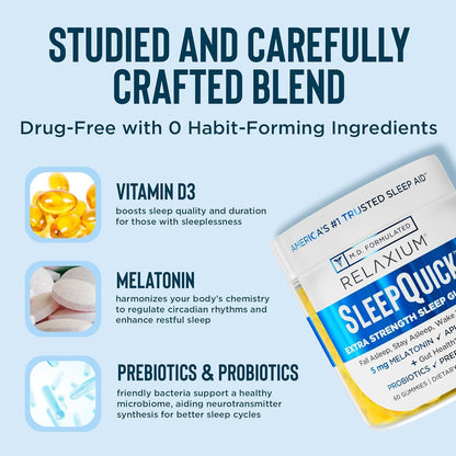 Relaxium SleepQuick Gummies - Sleep Aid + Gut Health & Immune Support, 5 mg Melatonin, Vitamin D-3 + Prebiotic & Probiotic Blend