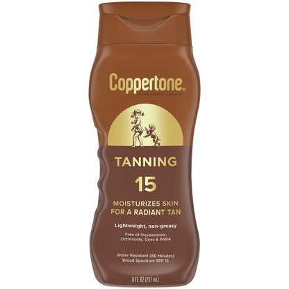 Coppertone Tanning Sunscreen Lotion, SPF 15, Lightweight and Non Greasy Sunscreen, Water Resistant, Oxybenzone Free