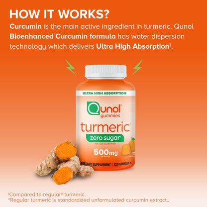 Qunol Zero Sugar Turmeric Gummies, Gummy with 500mg Turmeric Curcumin, Joint Support Supplement, Ultra High Absorption Tumeric Curcumin,