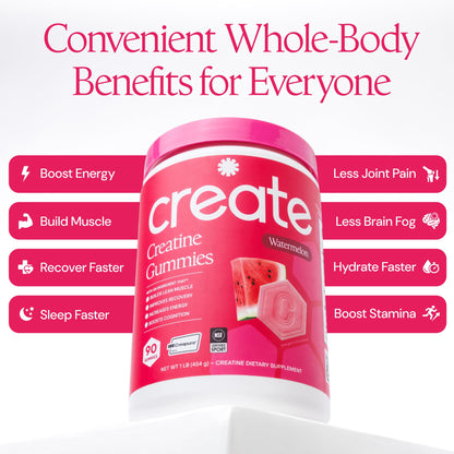 Create Creatine Monohydrate Gummies for Men & Women, Boost Focus, Strength, and Endurance, Anti-Melting Formula, Vegan, Gluten-Free, Non-GMO