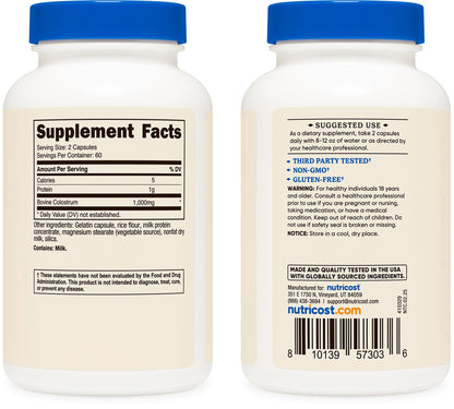 Nutricost Colostrum 1000mg, 120 Capsules - Gluten Free & GMO Free, 60 Servings