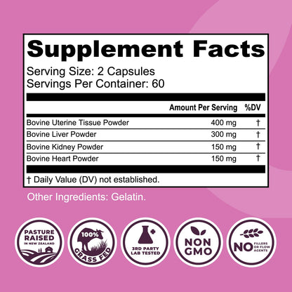 Beef Organ Supplement for Women - Beef Liver, Kidney, Heart and Uterus Tissue, Supports Women's Overall Energy and Health - Pasture Raised in New Zealand
