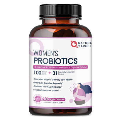 NATURE TARGET Probiotics for Women, 100 Billion CFUs Probiotic with Digestive Enzymes & Prebiotics, Vaginal Probiotics with Cranberry for Urinary Tract Health