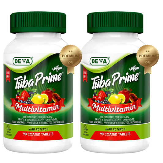 DEVA Tuba Prime Vegan Multivitamin Iron-Free High-Potency Vitamin & Mineral Dietary Supplement Antioxidants, Fruit & Veg Blend, Super Mushrooms, Probiotics, Prebiotics, Seeds, Herbs 90 Tabs 2-Pack DEVABuy Supplements Australia
