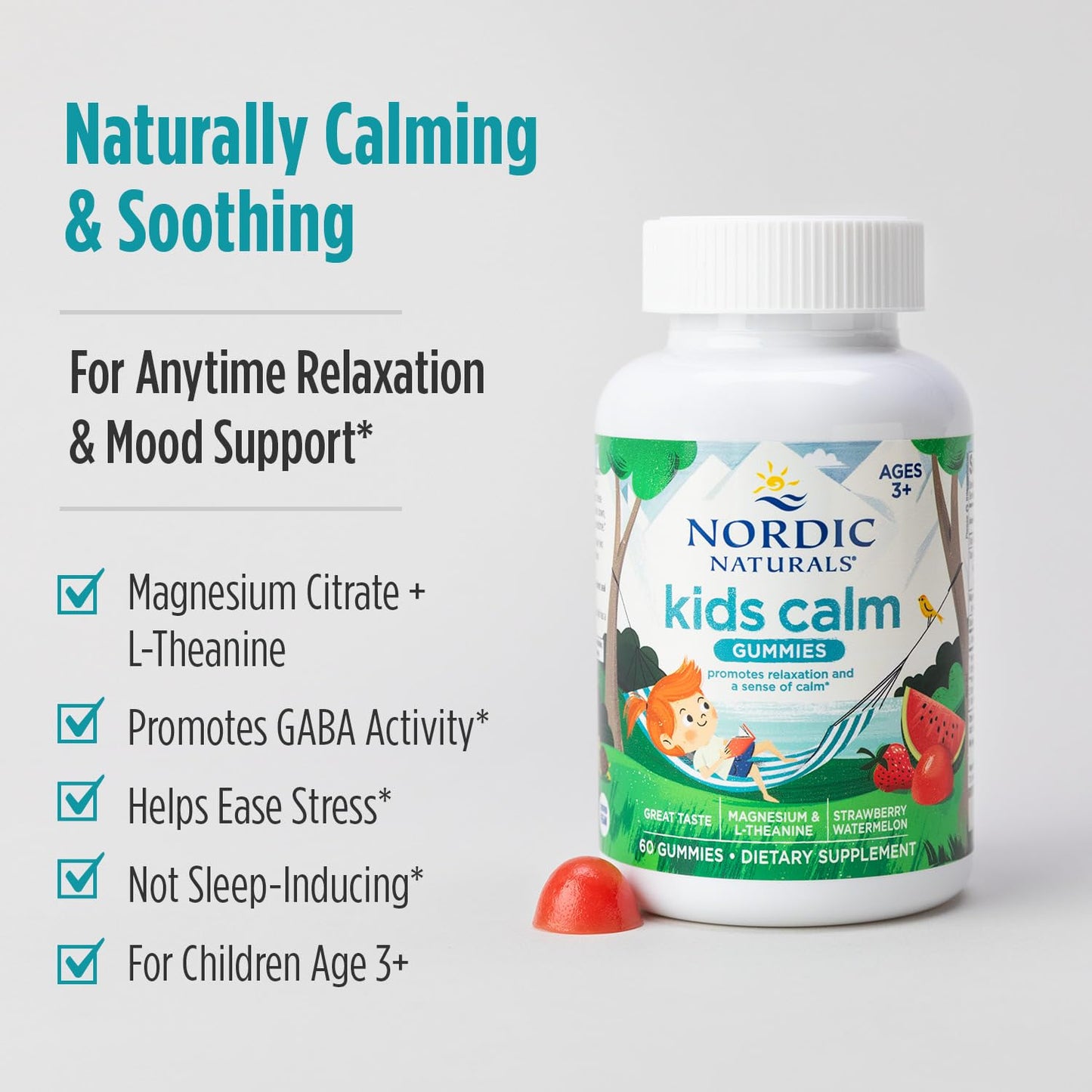 Nordic Naturals Kids Calm Gummies - Strawberry Watermelon - 60 Gummies - Magnesium L-Theanine Supplement - Calming for Kids - Relaxation Support - Up to 60 Servings Nordic NaturalsBuy Supplements Australia