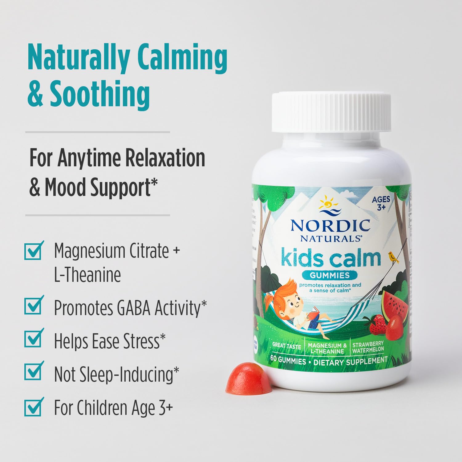 Nordic Naturals Kids Calm Gummies - Strawberry Watermelon - 60 Gummies - Magnesium L-Theanine Supplement - Calming for Kids - Relaxation Support - Up to 60 Servings Nordic NaturalsBuy Supplements Australia