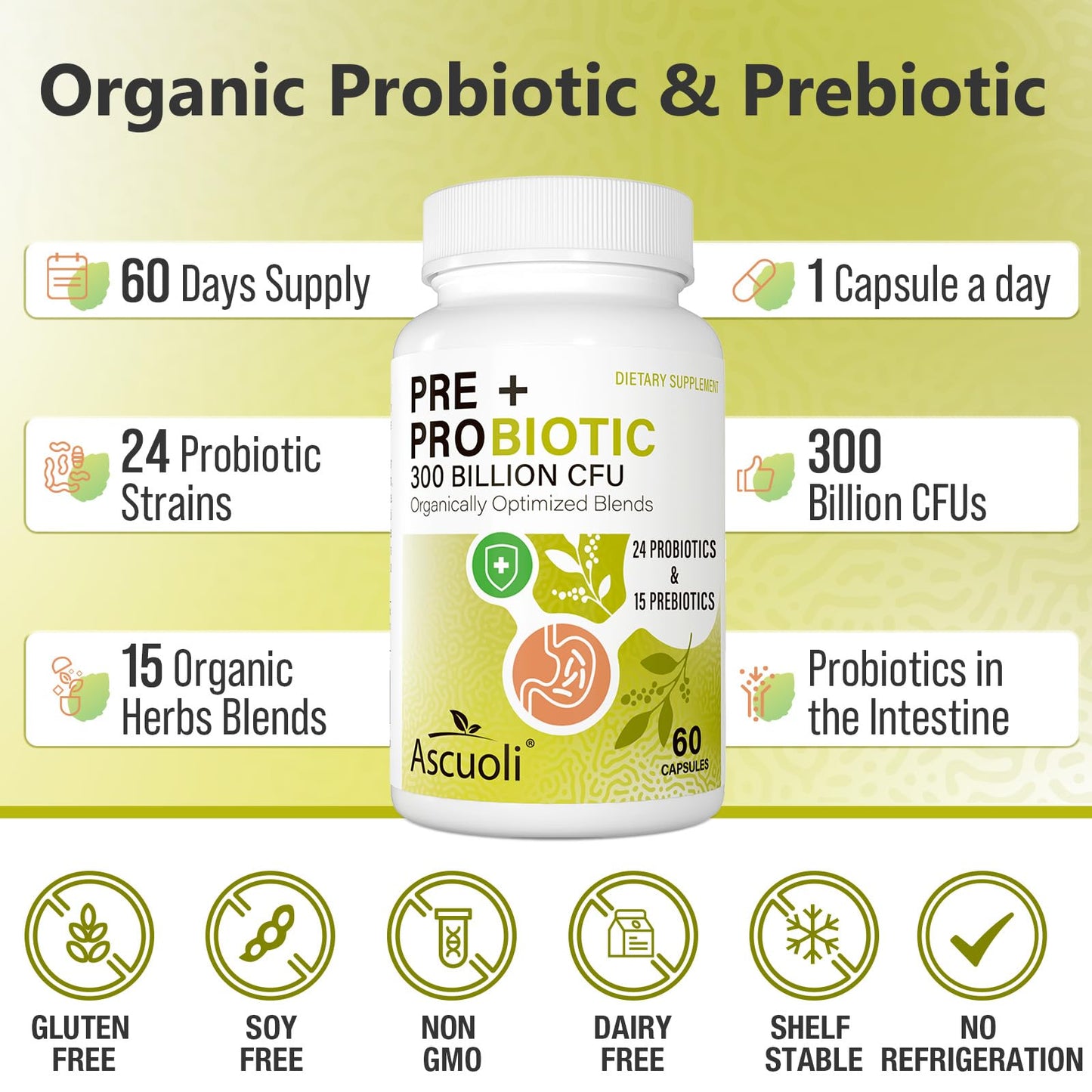 Probiotics for Women & Men - 300 Billion CFU, 24 Strains + 15 Organic Herbs Prebiotics Blend, Daily Probiotic for Digestive Health, Immune, Gut, Bloating - 120 Vegetarian Capsule (120-Days Supply)