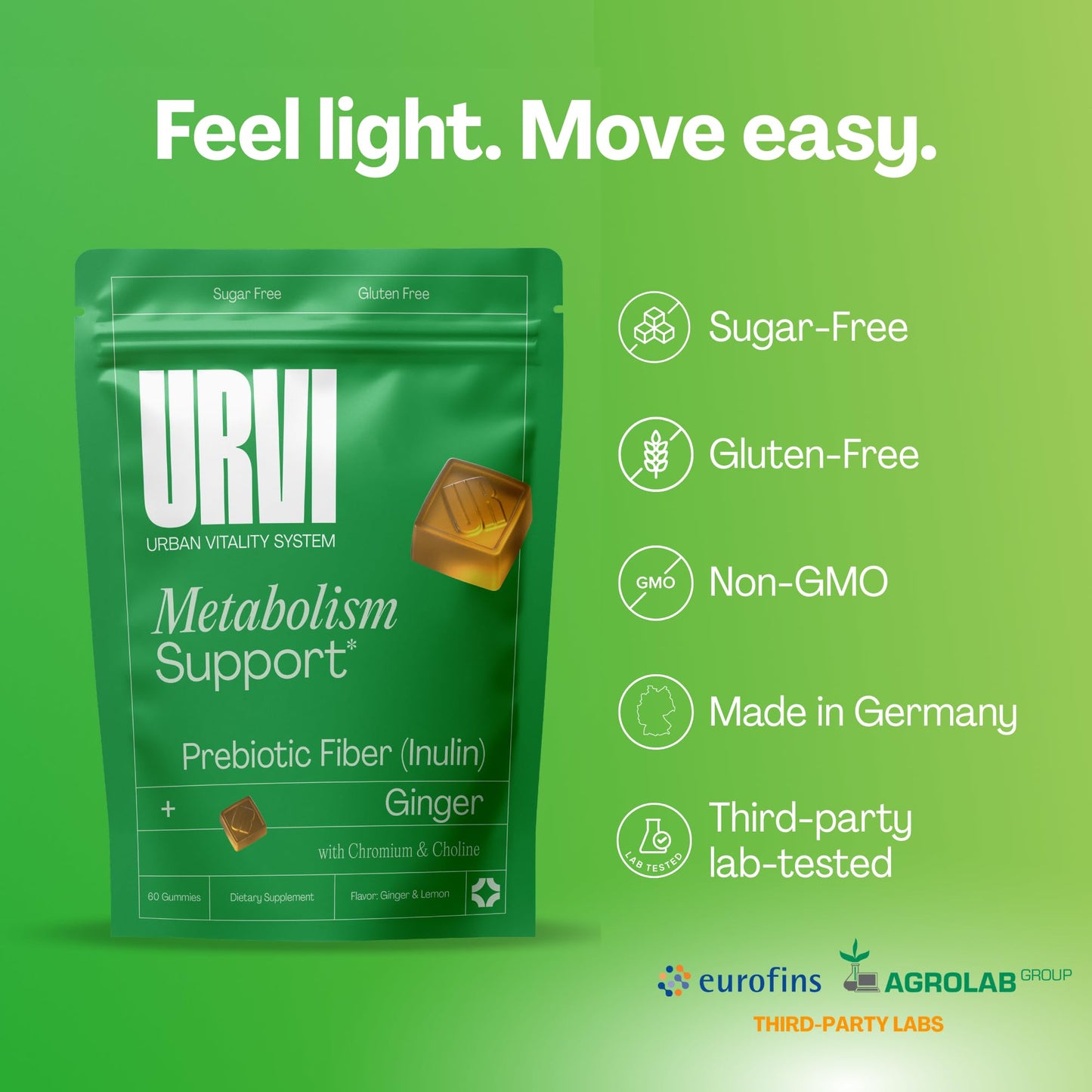 URVI® Metabolism Support Gummies 4-in-1 – Chromium Picolinate, Choline, Inulin & Ginger Extract - Prebiotic Fiber & Minerals – Gut Health & Digestive Support – Sugar-Free – Ginger-Lemon Flavor, 60pcs URVIBuy Supplements Australia