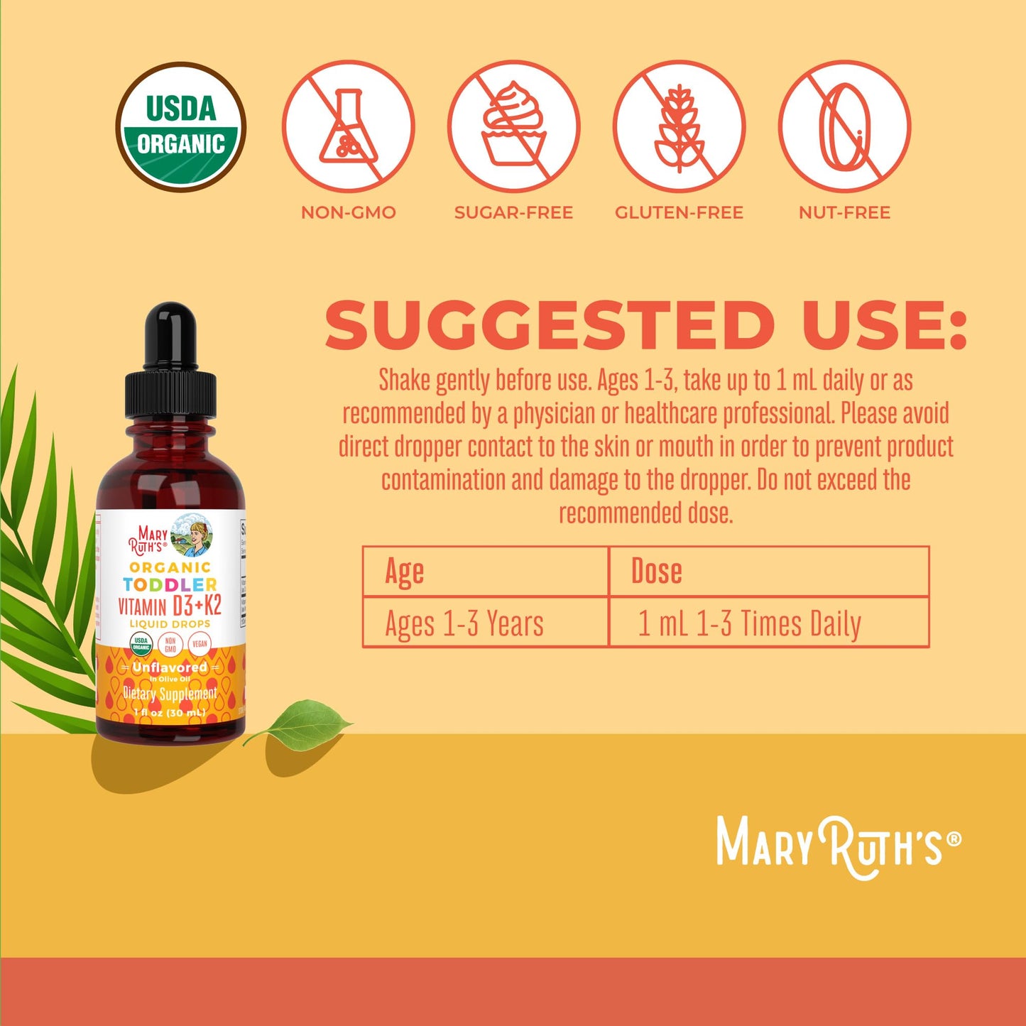 MARYRUTH'S Organics Vitamin D3 | Vitamin K2 | Vitamin D3 K2 Drops | K2 D3 Vitamin Liquid Supplement for Toddlers | Kids Supplement for Calcium Absorption