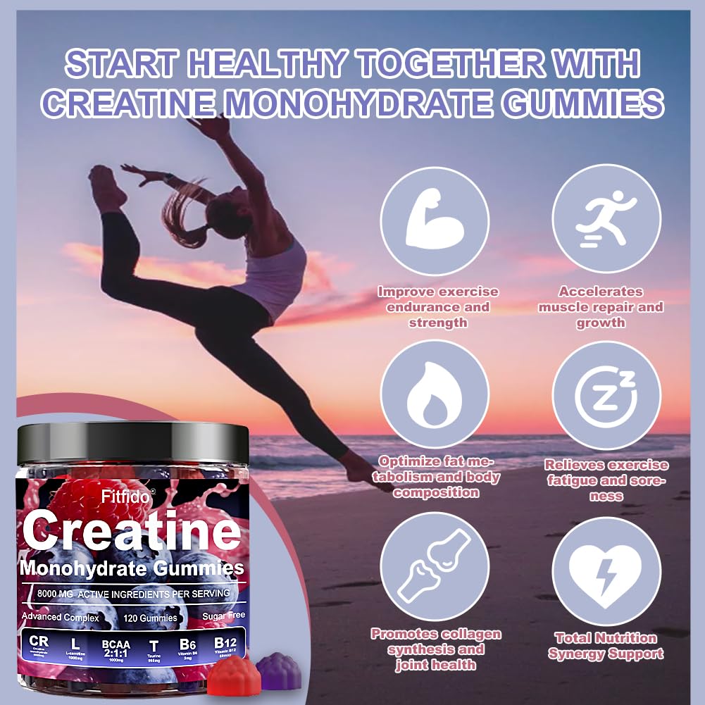 Creatine Monohydrate Gummies Complex 8000mg for Men and Women, Containing L-carnitine & Taurine, Build Muscle, Boost Energy, Faster Recovery, Sugar Free & Vegan