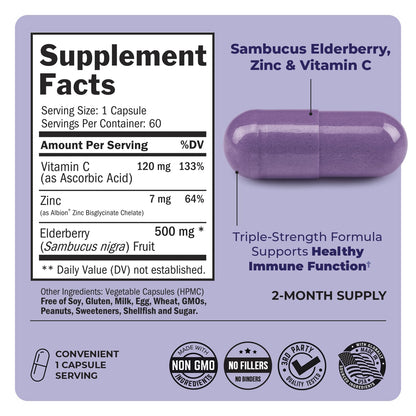 Elderberry Capsules with Zinc and Vitamin C for Adults - Immune Support Vitamins for Women and Men - Black Sambucus Elderberry Vitamin C and Zinc