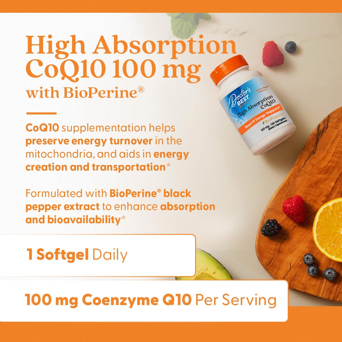 Doctor's Best High Absorption CoQ10 with BioPerine Supplement - Coenzyme Q10 Softgels for Heart Health & Antioxidant Support, Naturally Fermented CoQ10 100mg