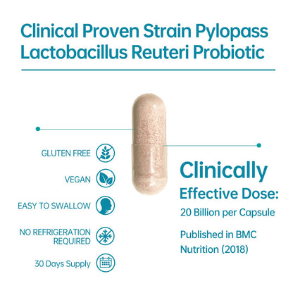 5-in-1 High Potency H. Pylori Probiotic, 1 Per Day - Supports Gastric Lining Integrity, Occasional Indigestion, Acid Comfort - Pylopass Lactobacillus Reuteri, Gluten Free, Vegan, 30ct, Made in Germany
