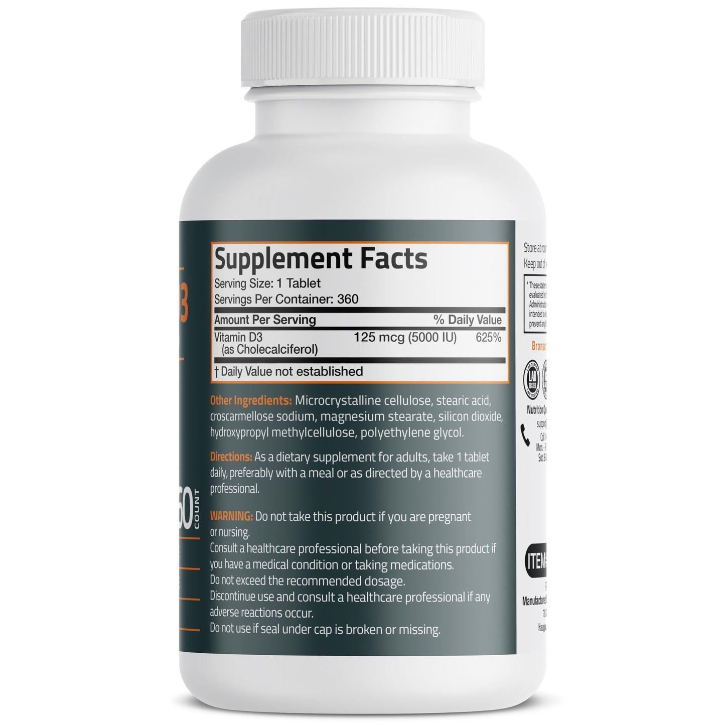 Bronson Vitamin D3 5000iu (125mcg) Healthy Muscle Function and Immune Support, Non-GMO, 360 Tablets
