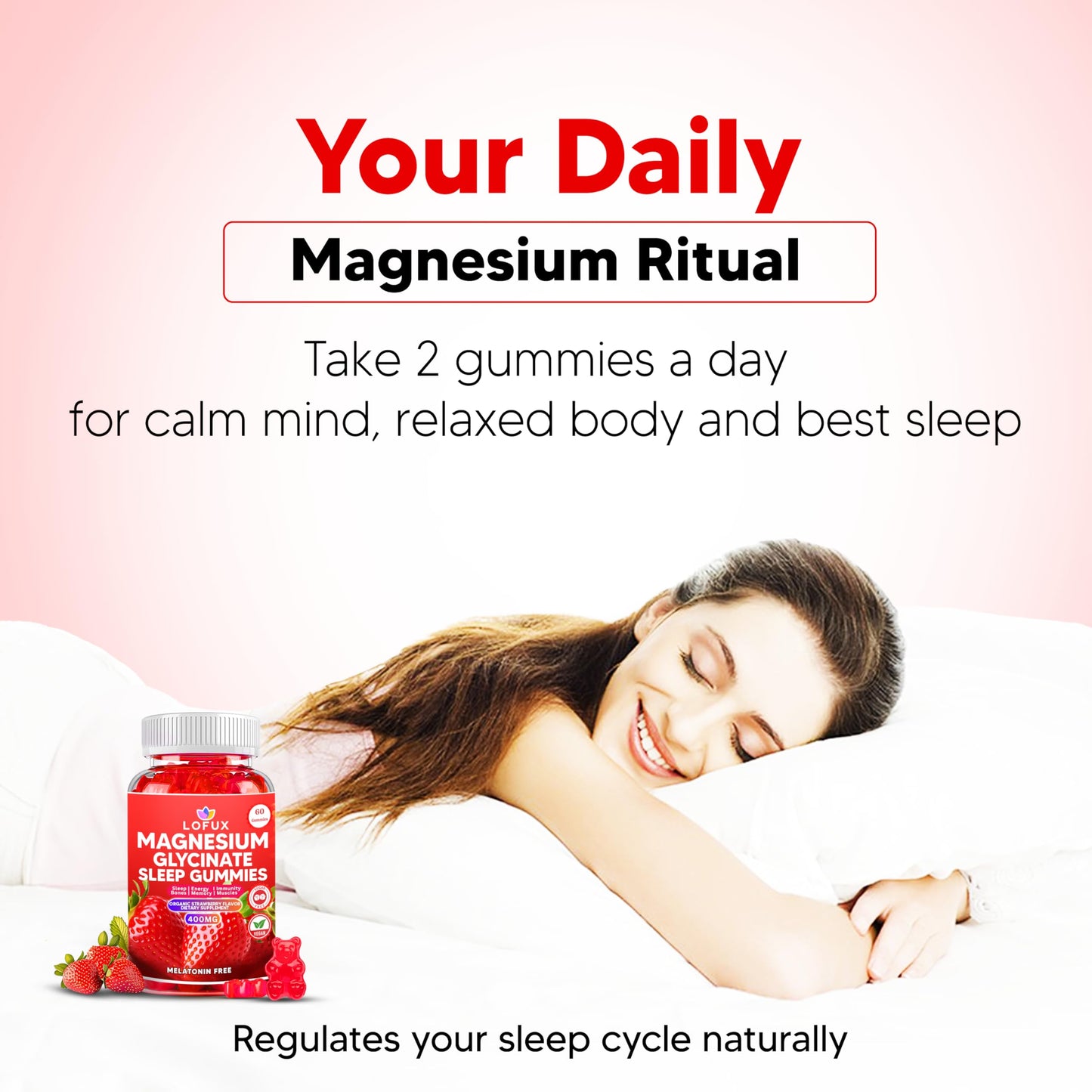 Lofux Magnesium Glycinate Gummies 400mg, Sugar Free Magnesium Gummies for Adults Women, Men, Chewable Supplement Gummy with L-Threonate, Vitamin D, B6, CoQ10