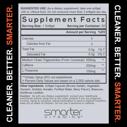SmarterVitamins 200mg Caffeine Pills - MCT Oil from 100% Coconuts + 100mg L-Theanine, Energy and Focus
