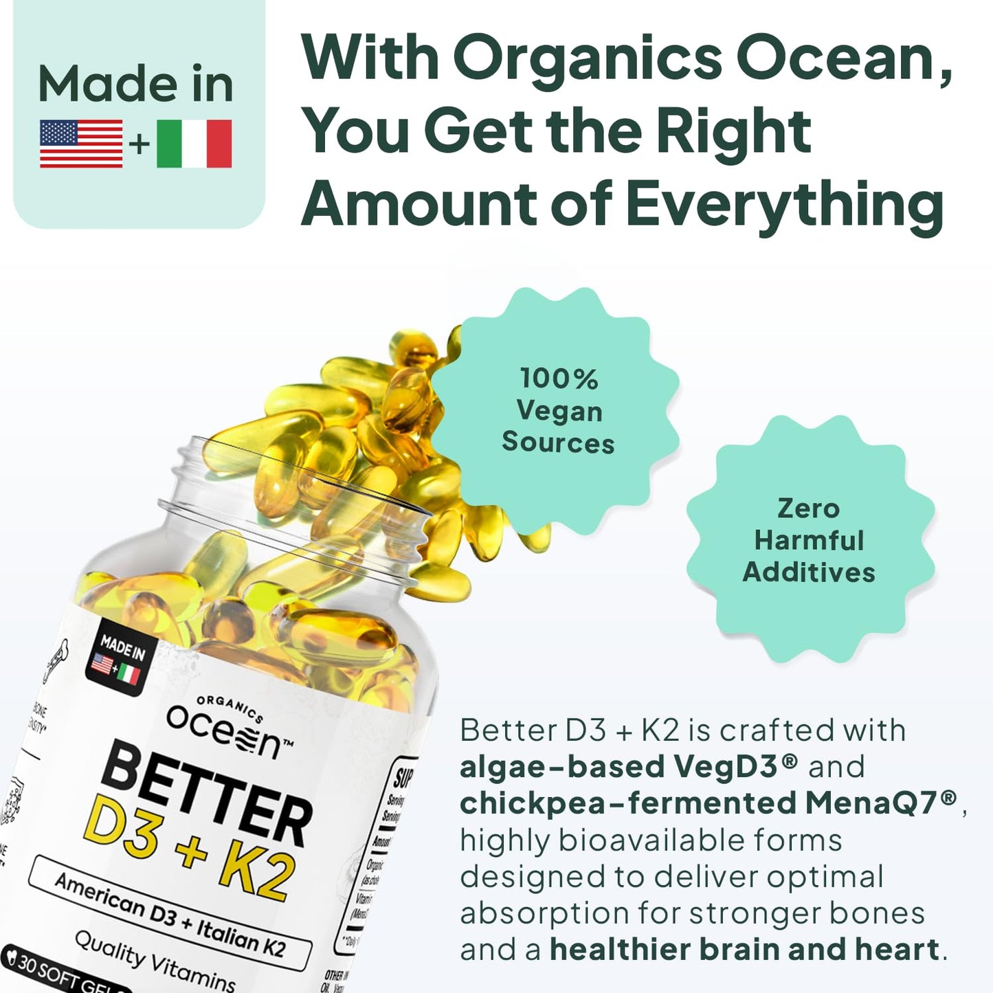 Organics Ocean Better D3 + K2-100% Organic VIT D3 and K2 Supplements with Maximum Bioavailability - Supports Bone Density, Calcium Balance