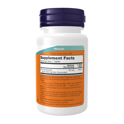 NOW Foods Supplements, Zinc (Zinc Gluconate) 50 mg, Supports Enzyme Functions*, Immune Support*, 100 Tablets