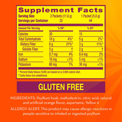 Metamucil On-the-Go Packets, Sugar-Free, 44 Packets, 4-in-1 Psyllium Husk Fiber Supplement, Orange Flavored, Individual Servings Great for Travel