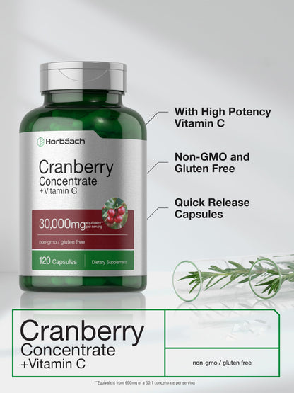 Horbäach Cranberry Concentrate Extract Pills + Vitamin C | 120 Capsules | Supplement for Women and Men | Triple Strength Ultimate Potency Formula