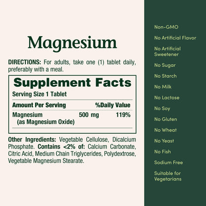 Nature's Bounty Magnesium 500 mg Tablets, High Potency Magnesium Supplement for Bone & Muscle Health, Whole Body Support, 200 Count (Pack of 1)