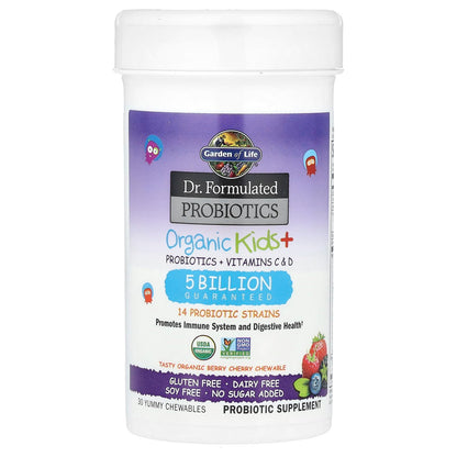 Garden of Life Dr. Formulated Probiotics Organic Kids+ plus Vitamin C & D - Berry Cherry - Gluten, Dairy & Soy Free Immune & Digestive Health Supplement