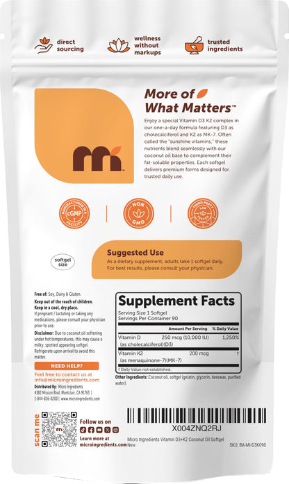Micro Ingredients Vitamin D3 10,000 IU + K2 MK-7 200 mcg Per Serving, 90 Softgels | Extra Strength* 2-in-1 D3 K2 Supplement