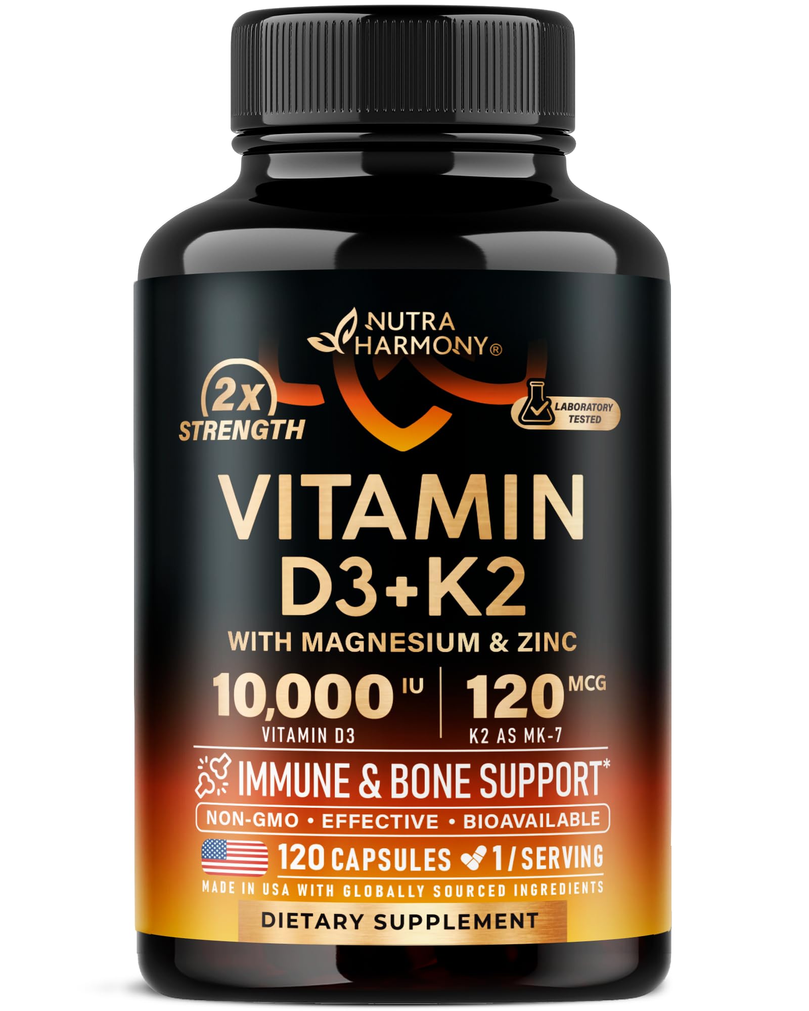 Vitamin D3 K2 - Vitamin D3 10000 iu & K2 as MK-7 120 mcg - Immune & Mood Support, for Bone & Teeth Health - with Magnesium, Zinc & Vitamin C & B12 - Highly Bioavailable - Made in USA, 120 Capsules NUTRAHARMONY buy supplements Au