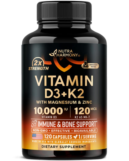 Vitamin D3 K2 - Vitamin D3 10000 iu & K2 as MK-7 120 mcg - Immune & Mood Support, for Bone & Teeth Health - with Magnesium, Zinc & Vitamin C & B12 - Highly Bioavailable - Made in USA, 120 Capsules NUTRAHARMONY buy supplements Au