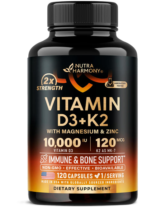 Vitamin D3 K2 - Vitamin D3 10000 iu & K2 as MK-7 120 mcg - Immune & Mood Support, for Bone & Teeth Health - with Magnesium, Zinc & Vitamin C & B12 - Highly Bioavailable - Made in USA, 120 Capsules NUTRAHARMONY buy supplements Au