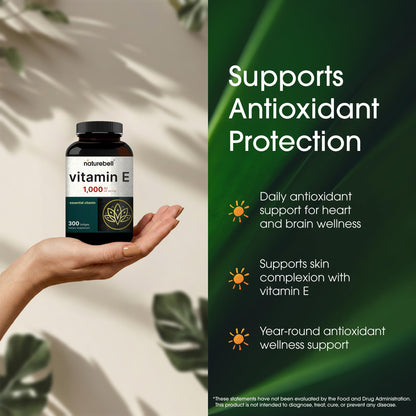 NatureBell Vitamin E 1,000 IU Per Serving - 300 Softgels - Antioxidant Supplement for Skin, Heart & Brain Health Support