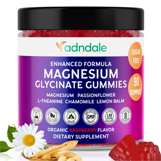 Adndale 90CT Magnesium Glycinate Gummies. Sugar Free Chews for Adults & Kids. Raspberry Flavour