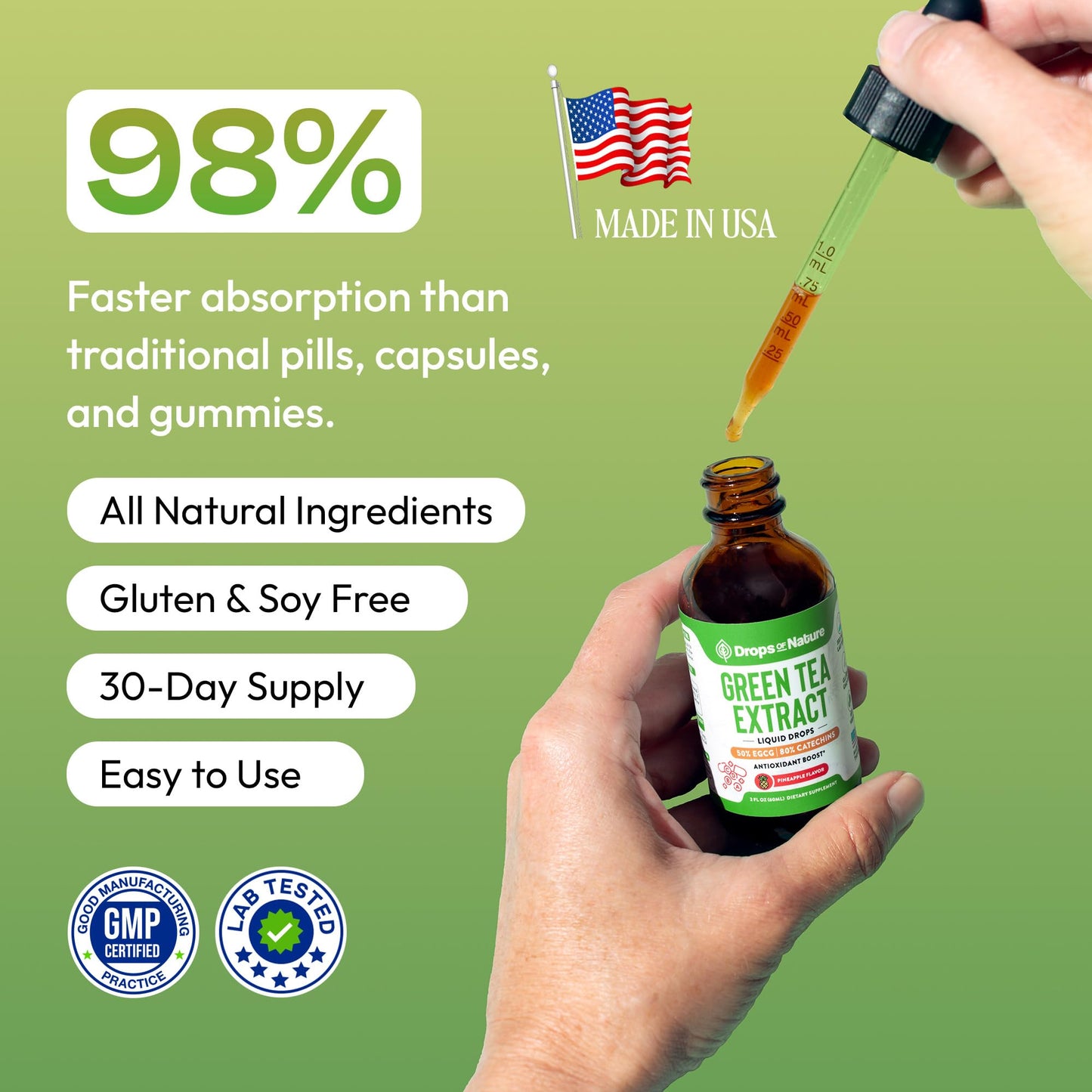 Green Tea 10:1 Extract 50% EGCG - Green Tea Liquid Drops - Vegan, 4X More Powerful Than Pills & Capsules - 2oz Antioxidant & Immune Supplement