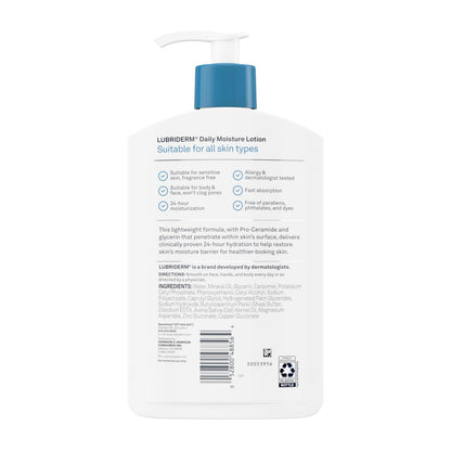 Lubriderm Fragrance Free Daily Moisture Lotion + Pro-Ceramide, Shea Butter & Glycerin, Face, Hand & Body Lotion for Sensitive Skin
