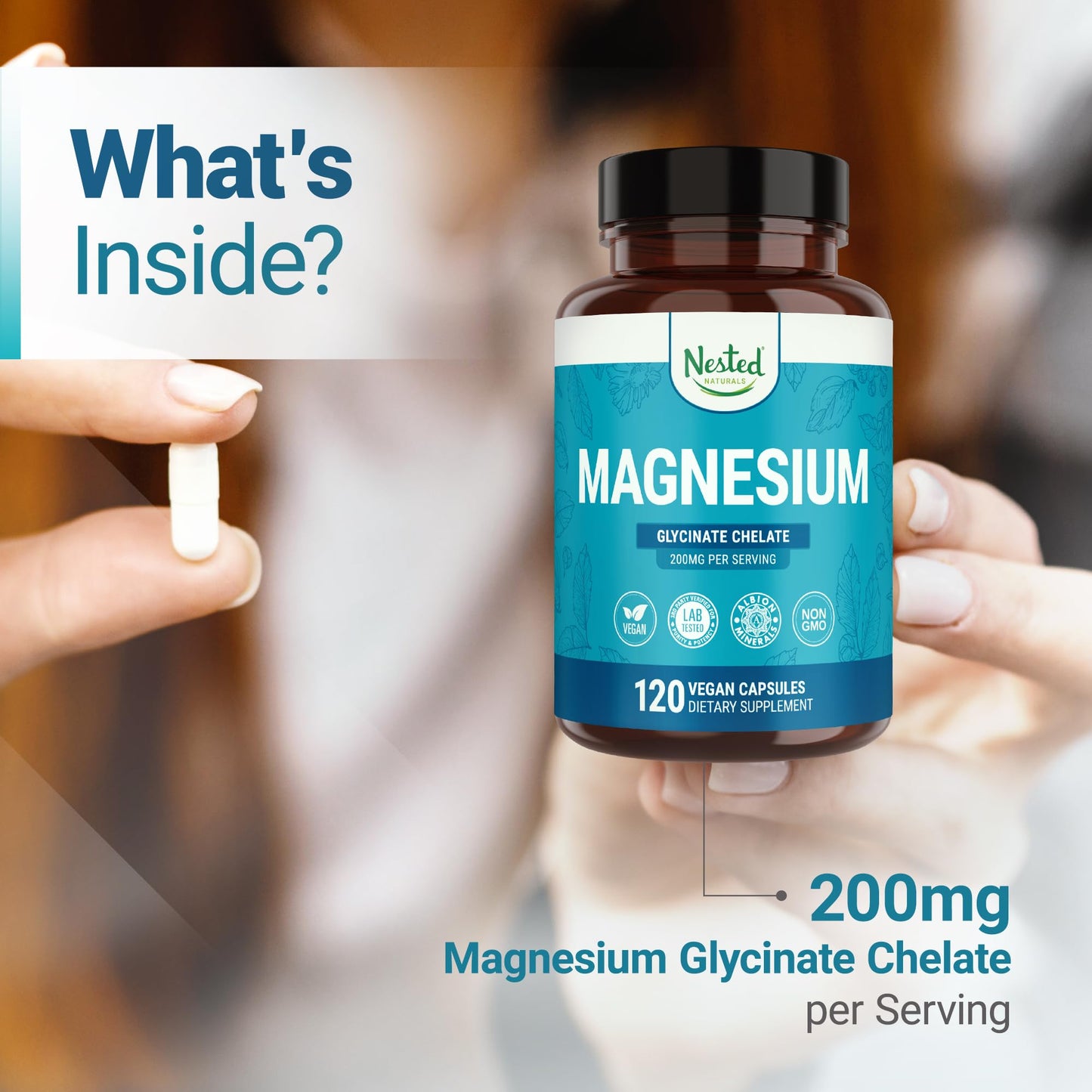 Nested Naturals Magnesium Glycinate Chelate - 200mg Chelated Magnesium Supplement for Muscle Cramps, Relaxation, & Sleep Support - 100% Albion TRACCS Buffered Magnesium Glycinate - 120 Vegan Capsules Nested NaturalsBuy Supplements Australia
